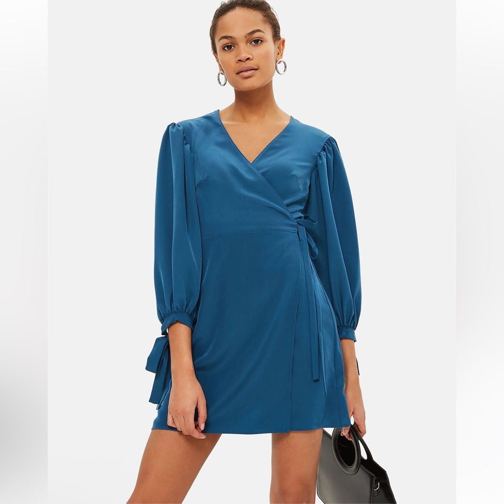 TOPSHOP $60 turquoise  puff longsleeve wrapped dress size 6